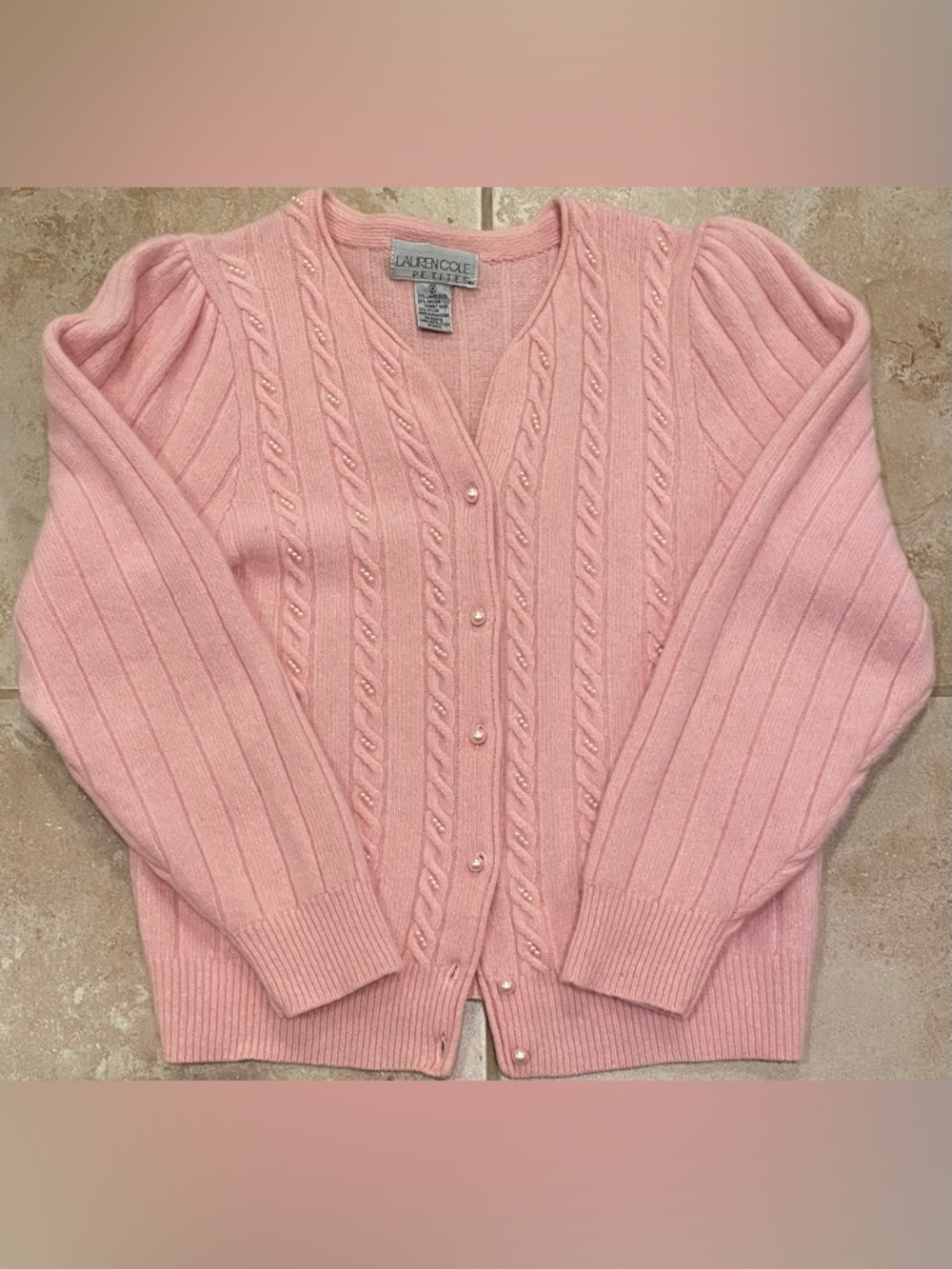 LAUREN COLE 70% Lambswool Angora Pearl Embellished Baby Pink Knit Cardigan - MP